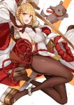  1girl absurdres animal_ears arm_up armpits backless_outfit bangs blonde_hair blush breasts brown_legwear dog dog_ears dog_girl dog_tail erune granblue_fantasy highres japanese_clothes kimono legs long_sleeves looking_at_viewer nanakaku open_mouth orange_eyes pantyhose pelvic_curtain puppy rope short_eyebrows short_hair small_breasts smile solo sword tail vajra_(granblue_fantasy) weapon white_background white_kimono wide_sleeves 