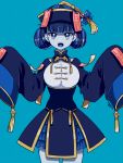  1girl :o artist_name bangs blue_background blue_bow blue_eyes blue_hair blunt_bangs bow braid breasts chinese_clothes chinese_hat double_bun grey_skin highres jiangshi kisaragi_yuu_(fallen_sky) looking_at_viewer ofuda open_mouth panty_&amp;_stocking_with_garterbelt short_hair simple_background solo standing stocking_(psg) 