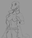  anthro belt black_and_white bottomwear breasts clothing coat creep_(goosebumps) female flashing_breasts goosebumps hi_res looking_at_viewer monochrome monster pants scalie sharp_teeth solo teeth topwear yamagah 