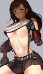  1girl :o bangs bare_shoulders black_gloves black_skirt blush breasts brown_eyes brown_hair earrings elbow_pads final_fantasy final_fantasy_vii final_fantasy_vii_remake fingerless_gloves gloves highres ippers jewelry long_hair looking_at_viewer low-tied_long_hair midriff miniskirt navel open_mouth pencil_skirt pleated_skirt shirt shirt_lift skirt stomach suspender_skirt suspenders swept_bangs tank_top taut_clothes taut_shirt thighs tifa_lockhart underboob very_long_hair white_tank_top 