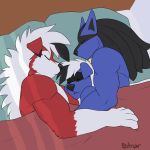  1:1 absurd_res anthro bed blue_body blue_fur canid canine eyes_closed fur furniture hi_res hug lucario lycanroc male male/male mammal midnight_lycanroc nintendo pok&eacute;mon pok&eacute;mon_(species) red_body red_fur seibear video_games 
