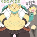  1:1 2020 anthro belly blush bottomwear canid canine canis chubby_protagonist_(tas) clothing cu_sith_(tas) domestic_dog duo english_text hi_res hoodie human humanoid_hands male mammal obese overweight overweight_male pants poketalesof protagonist_(tas) shirt text tokyo_afterschool_summoners topwear video_games 