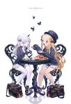  2girls :d abigail_williams_(fate/grand_order) alternate_costume animal bacon bag bag_charm bags_under_eyes bangs between_legs black_bow black_cardigan black_headwear black_legwear blonde_hair blue_eyes blush bow bug bukurote butterfly cardigan chair charm_(object) collared_shirt commentary_request copyright_name cup fate/grand_order fate_(series) feeding food forehead hair_bow hand_between_legs hat highres holding holding_food horns insect lavinia_whateley_(fate/grand_order) long_hair long_sleeves looking_at_another multiple_girls on_chair open_mouth orange_bow pancake parted_bangs pink_eyes plate pleated_skirt polka_dot polka_dot_bow purple_bow reflection ribbed_legwear saucer school_bag school_uniform shirt silver_hair sitting skirt sleeves_past_fingers sleeves_past_wrists smile socks spoon steam stuffed_animal stuffed_toy suction_cups table teacup teddy_bear tentacles very_long_hair white_background white_legwear white_shirt white_skirt wide-eyed 
