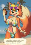  2020 5_fingers animal_crossing anthro areola audie_(animal_crossing) beach bikini blonde_hair blue_eyes breasts canid canine canis chest_tuft clothed clothing crossgender dazzlekong dialogue digital_media_(artwork) english_text erection fingers ftg_crossgender fti_crossgender genitals gynomorph hair hi_res holding_object intersex mammal navel nintendo open_mouth open_smile outside penis poking_out seaside signature smile solo sunscreen swimwear text tuft video_games wardrobe_malfunction wolf 