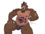  5_fingers anthro black_nose blue_eyes bow_tie brown_body brown_fur claws clothed clothing fingers five_nights_at_freddy&#039;s fur hat headgear headwear hi_res inkart_flow looking_at_viewer male mammal musclegut nipples pecs scar sharp_teeth simple_background solo stomach_mouth teeth top_hat topless twisted_freddy_(fnaf) ursid video_games warts white_background white_claws 