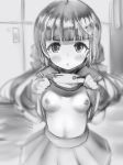  1girl alice_gear_aegis bangs blunt_bangs blush bow breasts eyebrows_visible_through_hair greyscale hair_bow hands_up highres lifted_by_self long_hair looking_at_viewer monochrome nanashi_(nlo74593630) nipples parted_lips pleated_skirt shirt_lift skirt small_breasts solo standing 