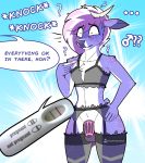  ... 2020 ? anthro balls berry_frost cervid chastity_cage chastity_device clothed clothing crossdressing digital_media_(artwork) english_text eyebrows fur genitals girly hair hi_res holding_object legwear lingerie male male_pregnancy mammal multicolored_hair pregnancy_test pregnant solo text whisperfoot 