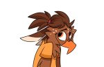  2020 anthro avian beak bird blush brown_body brown_feathers brown_hair chest_tuft clothed clothing feather_hair feathers freckles hair male orange_eyes piemations ponytail pretzel_(piemations) pseudo_hair shirt simple_background smile solo topwear tuft white_background 