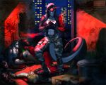  2020 alley anthro blood bodily_fluids breasts canid canine city clothed clothing detailed_background digital_media_(artwork) felid feline female lizard mammal nastywolf613 night non-mammal_breasts outside reptile scalie snake 