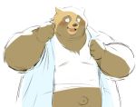  2020 anthro belly blush brown_body brown_fur canid canine clothed clothing fur humanoid_hands kemono male mammal one_eye_closed open_shirt overweight overweight_male raccoon_dog sessa shirt simple_background solo tanuki topwear white_background wink 