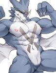  abs animal_genitalia anthro blue_body bodily_fluids chung0_0 claws digimon digimon_(species) exveemon genital_slit genitals hi_res horn male muscular muscular_male navel nipples nude pecs pink_nipples red_eyes simple_background slit solo sweat sweatdrop white_background wings 