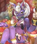  4_fingers alotie black_pupils breasts caravan_stories clothed clothing female fingers flyer_(pixiv) fur hair holding_object lagomorph leporid looking_at_viewer mammal purple_ears rabbit sitting solo white_body white_ears white_fur white_hair white_inner_ear_fluff 