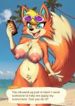  2020 5_fingers animal_crossing anthro areola audie_(animal_crossing) beach blonde_hair blue_eyes breasts canid canine canis chest_tuft dazzlekong dialogue digital_media_(artwork) english_text female fingers genitals hair hi_res holding_object mammal navel nintendo nipples nude open_mouth open_smile outside pussy seaside signature smile solo sunscreen text tuft video_games wolf 