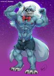  anthro blue_body blue_fur bottomwear bow_tie bulge canid canine canis clothing delicatessen eyewear fur glasses hair hi_res long_hair male mammal muscular muscular_male pants solo white_hair wilford_wolf wolf 