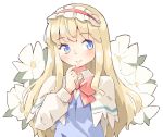  alice_margatroid arnest blonde_hair blue_dress blue_eyes blush bow bowtie capelet collared_shirt dress eyebrows_visible_through_hair finger_to_chin flower hairband lolita_hairband long_hair long_sleeves looking_to_the_side red_bow shanghai_doll shirt simple_background smile touhou white_background white_capelet white_shirt 