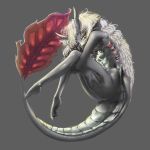  1:1 animal_humanoid breasts butt dragon dragon_humanoid female gills grey_background grey_body hair horn horned_humanoid humanoid hybrid long_hair looking_at_viewer membrane_(anatomy) nude shino4815 simple_background solo webbed_hands white_hair 