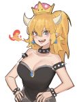  1girl bare_shoulders black_dress blonde_hair blue_eyes bowsette bracelet breasts cleavage collar commentary crown dress earrings hood_(james_x) horns jewelry large_breasts long_hair looking_at_viewer mario_(series) new_super_mario_bros._u_deluxe pointy_ears sharp_teeth simple_background solo spiked_bracelet spiked_collar spikes strapless strapless_dress super_crown teeth white_background 