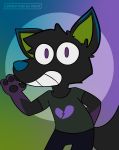  &lt;/3 &lt;3 absurd_res anthro beans blue_nose canid canine canis clothed clothing colored fransi fur green_ears hi_res humanoid male mammal neon paws purple_eyes shirt simple_background smile solo teeth topwear wolf 