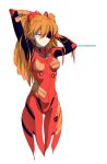  1girl adjusting_hair arms_up bangs black_eyepatch bodysuit breasts chinese_commentary closed_mouth collar commentary_request copyright_name eyepatch gloves hair_between_eyes hair_ornament hair_over_shoulder hairclip highres long_hair looking_to_the_side neon_genesis_evangelion orange_hair pilot_suit plugsuit purple_eyes red_bodysuit shikinami_asuka_langley simple_background small_breasts solo souryuu_asuka_langley turtleneck two_side_up upper_body white_background zounao_(405609) 