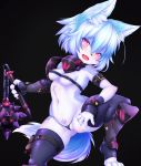  absurd_res anthro areola black_background blue_hair blush breasts canid canine canis clothing domestic_dog female flail fur hair hi_res kemono legwear mammal melee_weapon open_mouth pink_eyes pubic_tattoo simple_background solo syrup_(artist) thigh_highs weapon white_body white_fur 