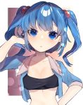  1girl absurdres bandeau bangs blue_eyes blue_hair blue_shirt blush border breasts cleavage collarbone hair_bobbles hair_ornament hand_up head_tilt highres kappa_mame kawashiro_nitori long_hair looking_at_viewer medium_breasts midriff no_hat no_headwear open_clothes open_shirt outside_border parted_lips shirt short_sleeves solo stomach strapless touhou tubetop two_side_up upper_body white_border 