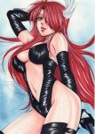  1girl anjura_(zenki) arm_behind_head breasts brown_eyes commentary_request dominatrix gloves highres kishin_douji_zenki large_breasts latex latex_gloves leotard long_hair looking_at_viewer navel nochiko red_hair simple_background solo traditional_media 