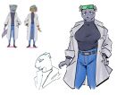  anthro bottomwear clothing coat colored_sketch dark_skin female goonie-san hi_res human jeans lab_coat mammal mary_itani_(brand_new_animal) mink mustelid musteline pants reference_image sketch_page solo topwear turtleneck 