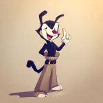  1:1 absurd_res animaniacs anthro barefoot black_body black_fur bodily_fluids bottomwear clothed clothing fur gloves handwear hi_res long_ears male mammal pants pointedfox signature simple_background solo warner_brothers yakko_warner 