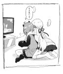  ... 2girls ahoge animal_ears controller flat_screen_tv game_controller greyscale hair_ribbon holding hug hug_from_behind indoors jacket knees_up long_hair long_sleeves low_ponytail monochrome multiple_girls nijisanji no_shoes panda_ears pleated_skirt ponytail ribbon sasaki_saku shiina_yuika sitting skirt sleeves_past_wrists socks soles soranakidayo spoken_ellipsis sweater television translation_request very_long_hair virtual_youtuber wariza 