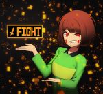  1girl brown_hair chara_(undertale) commentary hood_(james_x) looking_at_viewer open_mouth red_eyes shirt short_hair smile solo striped striped_shirt undertale 