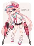  1girl bandaid_on_leg bangs black_shorts blouse blunt_bangs bow bracelet cabbie_hat commentary domino_mask dual_wielding dualie_squelcher_(splatoon) full_body green_eyes grey_background gym_shorts hat hat_bow holding holding_weapon inkling inkling_(language) jewelry leaning_forward long_hair looking_at_viewer loose_socks maco_spl mask neckerchief outside_border parted_lips pink_hair pointy_ears red_bow red_neckwear sailor_collar shoes short_shorts short_sleeves shorts socks solo splatoon_(series) splatoon_2 standing tentacle_hair trigger_discipline uwabaki weapon white_blouse white_footwear white_headwear white_legwear 