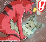  ! 3_claws canid canine claws croisshark duo eevee fur fur_tuft head_tuft looking_at_another mammal neck_tuft nintendo open_mouth pawpads pok&eacute;mon pok&eacute;mon_(species) red_body red_fur sparkles tongue tuft video_games white_claws 