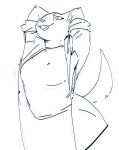  anthro clothing coat female goonie-san hands_behind_head lab_coat mammal mary_itani_(brand_new_animal) mink mustelid musteline open_mouth open_smile sketch smile solo topwear 
