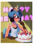  5_fingers absurd_res anthro birthday_hat black_hair blue_body blue_eyes blue_hair blush brand_new_animal brown_body brown_fur cake canid canine clothed clothing eating enigma_(artist) female fingers fluffy fluffy_tail food fruit fur hair hi_res holding_object mammal michiru_kagemori multicolored_eyes multicolored_hair pink_eyes plant raccoon_dog shirt short_hair solo strawberry studio_trigger tank_top tanuki topwear 