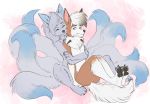  2020 alolan_ninetales anthro anthro_on_anthro canid canine digital_media_(artwork) duo fox fur gimka green_eyes grey_body grey_fur hug lycanroc mammal multi_tail nintendo pok&eacute;mon pok&eacute;mon_(species) regional_form_(pok&eacute;mon) video_games white_body white_fur 