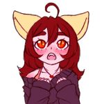  1:1 absurd_res ahoge animal_humanoid blush bust_portrait cat_humanoid clothing cute_fangs fangs felid felid_humanoid feline feline_humanoid female fur hair heart_necklace hi_res humanoid little_bastet_(artist) mammal mammal_humanoid portrait red_eyes red_hair simple_background solo yellow_body yellow_fur young 