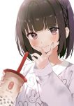  1girl animal_print bangs black_hair blunt_bangs blush braid brown_eyes bubble_tea bunny_print closed_mouth cup disposable_cup drinking_straw eyebrows_visible_through_hair grey_shirt hand_up highres holding holding_cup long_sleeves looking_at_viewer matsui_hiroaki original shirt short_hair sidelocks simple_background smile solo upper_body white_background 