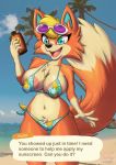  2020 5_fingers animal_crossing anthro areola audie_(animal_crossing) beach bikini blonde_hair blue_eyes breasts camel_toe canid canine canis chest_tuft clothed clothing dazzlekong dialogue digital_media_(artwork) english_text female fingers hair hi_res holding_object mammal navel nintendo nipple_outline open_mouth open_smile outside seaside signature smile solo sunscreen swimwear text tuft video_games wolf 