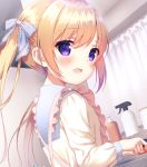  1girl apron bangs blonde_hair blue_bow blue_sailor_collar blush bottle bow chitosezaka_suzu commentary_request curtains dutch_angle eyebrows_visible_through_hair frilled_apron frills hair_between_eyes hair_bow indoors long_hair long_sleeves looking_at_viewer looking_to_the_side open_mouth original pink_apron purple_eyes sailor_collar school_uniform serafuku shirt sidelocks solo spray_bottle twintails upper_body white_shirt 