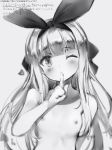  1girl blush bow finger_to_mouth fingernails flat_chest greyscale hair_bow hairband hand_up head_tilt heart highres index_finger_raised long_hair looking_at_viewer monochrome mononobe_alice nanashi_(nlo74593630) nijisanji nipples one_eye_closed shushing simple_background solo translation_request virtual_youtuber white_background 