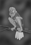  absurd_res anthro avian beak bird feather_growth feathers female hi_res monochrome prehensile_feet scared tfancred transformation 