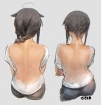  ahoge ass back black_hair bra_strap braid braided_ponytail ergot facing_away fubuki_(kantai_collection) grey_background highres jewelry kantai_collection nape necklace ponytail remodel_(kantai_collection) see-through shigure_(kantai_collection) shirt signature simple_background sweat tan white_shirt 