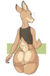  anthro bottomless brown_body brown_fur butt cervid clothed clothing female fur green_eyes hi_res looking_back mammal multicolored_body multicolored_fur shirt simple_background slightlysimian solo standing topwear two_tone_body two_tone_fur 