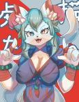  4_fingers anthro black_pupils blue_body blue_clothing blue_fur blue_tail breasts cleavage clothed clothing dipstick_tail fangs felid feline female finger_claws fingers flyer_(pixiv) front_view fur hair hi_res inner_ear_fluff light_fur mammal multicolored_tail open_mouth slit_pupils solo teeth text tongue tuft white_body white_fur 