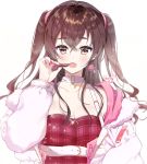  1girl :o artist_name bangs belt blush breasts brown_hair chii_(nyaong9) chocolate cleavage coat collar collarbone commentary_request crossed_bangs eating fur-trimmed_coat fur_trim holding_chocolate idolmaster idolmaster_cinderella_girls idolmaster_cinderella_girls_starlight_stage long_hair long_sleeves looking_at_viewer mole mole_under_eye nail_polish open_mouth plaid red_nails simple_background solo sunazuka_akira teeth two_side_up upper_body white_background white_coat white_collar 