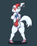  4:5 anthro avioylin breasts bubble_butt butt butt_grab ear_piercing ear_ring female hand_on_butt looking_at_viewer nintendo nipples nude pawpads piercing pok&eacute;mon pok&eacute;mon_(species) presenting side_boob simple_background solo standing thick_thighs tiptoes video_games zangoose 