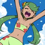  1girl aliasing armpits arms_up bangs bikini blue_background blue_sky closed_eyes cloud collarbone commentary_request dark_skin day dutch_angle flat_chest floral_print gomatarou_(pixiv196136) green_bikini green_hair hair_ornament happy long_hair lowres mao_(pokemon) midriff navel nipple_slip nipples open_mouth outdoors pokemon pokemon_(anime) pokemon_sm_(anime) shiny shiny_hair shiny_skin sky smile solo sports_bikini stomach swept_bangs swimsuit teeth tied_hair trial_captain twintails wardrobe_malfunction water 