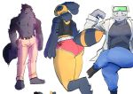  anthro arthropod bee belt bottomwear canid canine canis clothing coat colored_sketch crossed_legs female flexing goon_(goonie_san) goonie-san group hi_res hymenopteran insect lab_coat male mammal mary_itani_(brand_new_animal) mercy_(goonie-san) mink mustelid musteline pants shirt shorts sketch_page tank_top topless_male topwear turtleneck visor wolf 