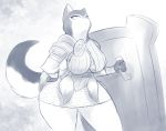 anthro armello armor big_breasts blue_and_white breasts canid canine canis digital_media_(artwork) female frown hi_res ihara looking_at_viewer magna_(armello) mammal monochrome shield simple_background solo source_request thick_thighs video_games wolf 