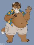  absurd_res anthro camera clothed clothing dbd disposable_camera gesture hi_res male mammal mink moobs mustelid musteline obese open_shirt overweight shirt smile solo topwear waving 